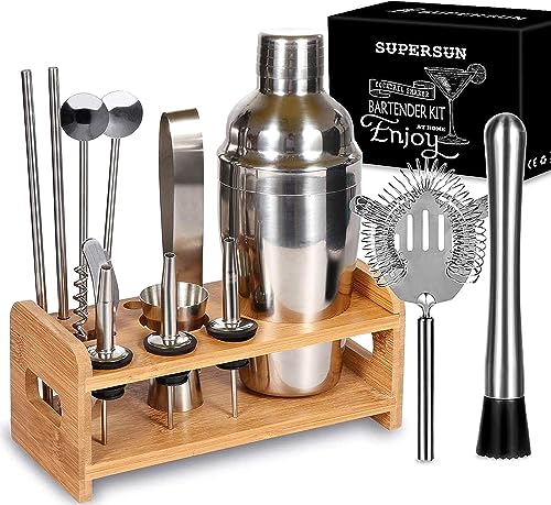 15-teiliges Cocktail-Shaker-Set, Cocktail-Set, 550 ml, Edelstahl, Barkeeper-Set, Barzubehör-Set mit Holzständer, Cocktail-Shaker-Geschenkset für Zuhause, Bar