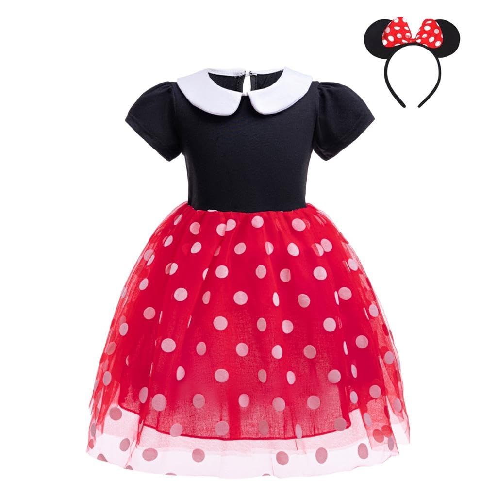 Lito Angels Disfraz de Minnie Mouse para Niña con Orejas de Ratón Aro de Pelo, Vestido de Tul Tutu con Lunares de Fiesta Cumpleaños Carnaval, Rosa Caliente/Rosa/Rojo
