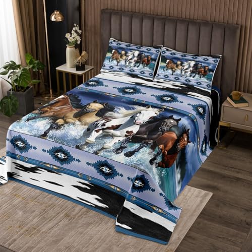 Feelyou Horse Coverlet Set Queen Size Kids Galloping Horse Bedspread Western Cowboy Southwestern Geometric Quilted Coverlet for Room Decor Cute Animal Decor Quilted