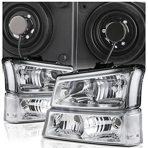 M-AUTO Chrome Clear Headlights w/ Bumper Lamps + 4 PRE-ASSEMBLED 6000K LED BULBS Replacement for 03 04 Silverado 2500 / 03 - 06 Silverado 1500 1500HD 2500HD 3500 | 03 04 05 06 Avalanche 1500 2500