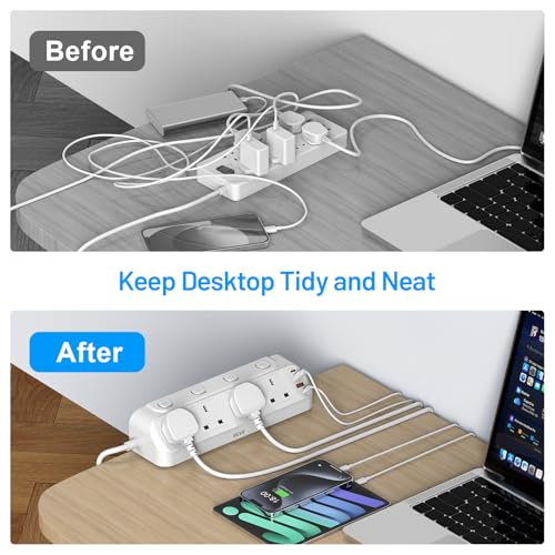 Desk Extension Lead with 4 USB Slots, BEVA 4 Way Surge Protected Plug Extension with PD20W USB C Charger, Individual Switches, Mountable Desktop Clamp Power Socket with 1.8M Cable-White - Image 5