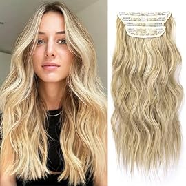 Blonde Hair Extensions Clip ins, 4Pcs Curly Clip in Hair Extensions, 20 Inches Synthetic Hair Extensions Clip in Human Hair (Color:Blonde With Beach Blonde)
