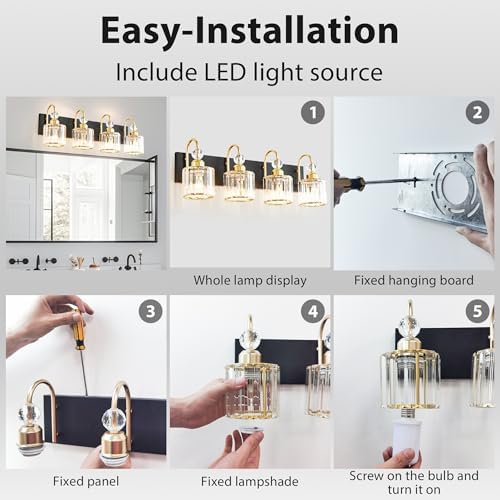 Image of Bathroom Vanity Light Fixtures Over Mirror - Makeup Lighting Black Gold - for Modern Wall, Bath, Desk, Farmhouse, Hallway - 4 Crystal Lights