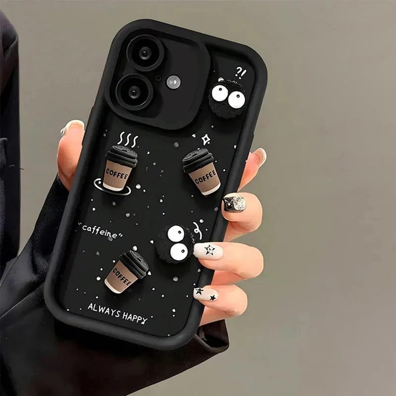 Image of Back Case Cover Compatible for iPhone 16 Plus | Pack of 2 Combo Black & Brown Case | Cute Fun Cartoon 3D Ball Coffee Silicone Case | Body Protection | Camera Protection | Shock Proof