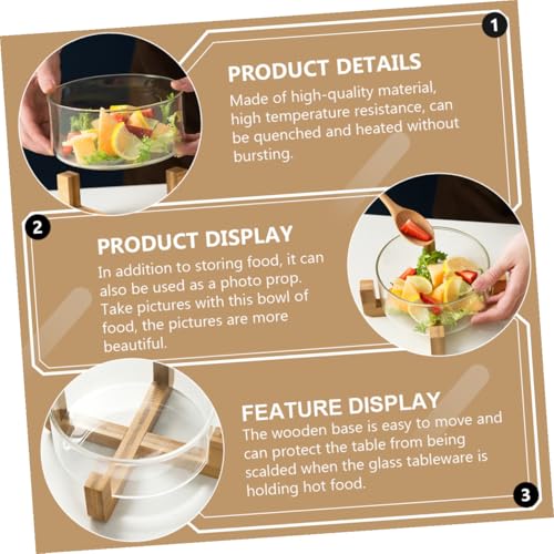 ARTSEWPLY 耐熱ガラス製サラダボウル 木製ベース付き テーブル保護可能 軽量透明ラウンドボウル フルーツ盛り付けやホームサービングに