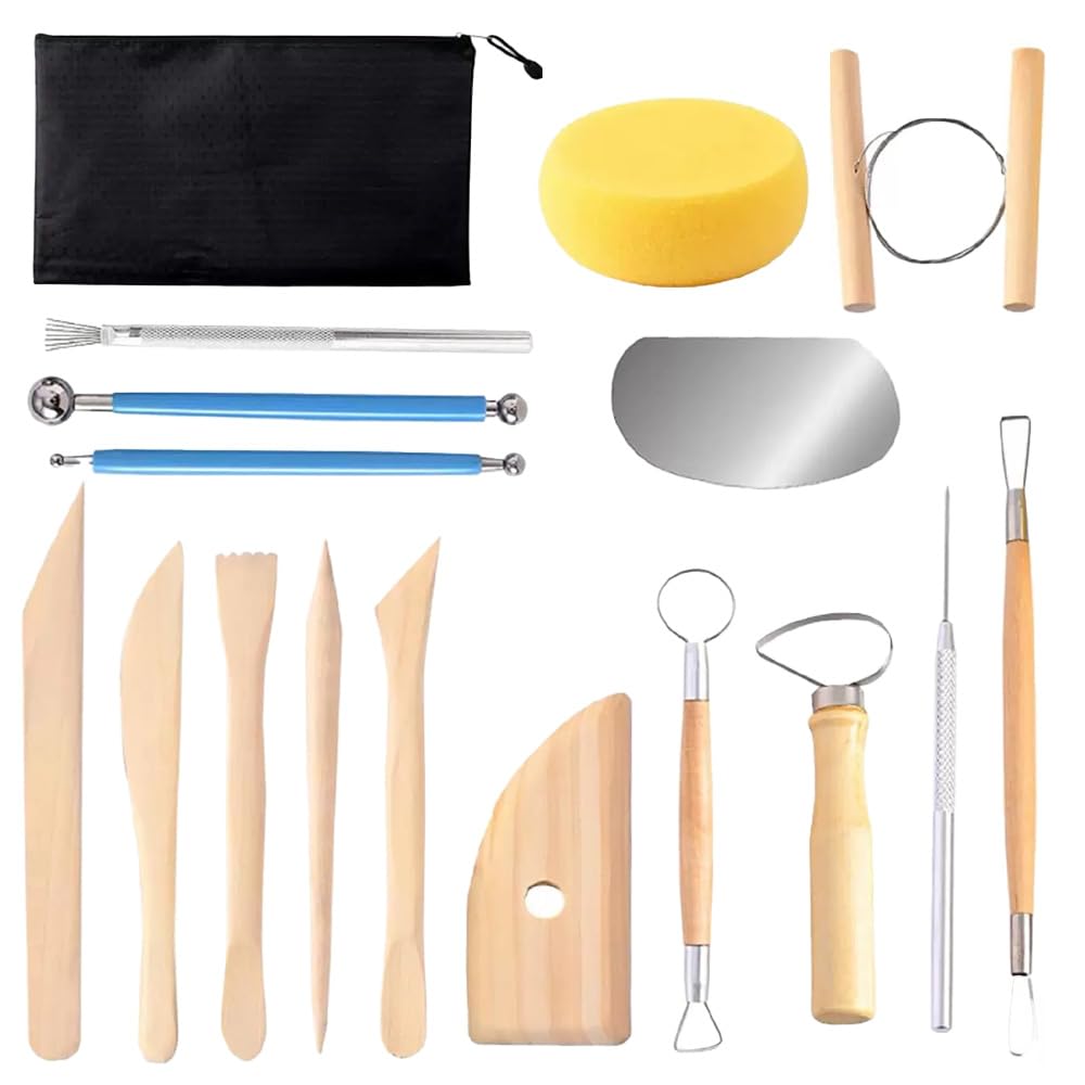 Clay Carving Tools 17 Piece Set Wood Handle Metal Tip Pottery Sculpting Kit