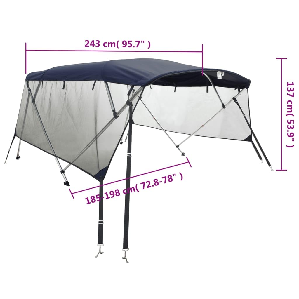 vidaXL Bimini di Prua Pareti Laterali Rete 4 Archi 243x(185-198)x137cm, bimini per imbarcazione, tendalino per barca, copertura per imbarcazione