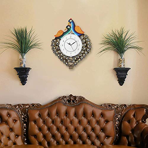 Image of Wooden Peacock Design Wall Clock Antique Round Analog Decorative Clock for Home & Office (13 x 16 Inch)