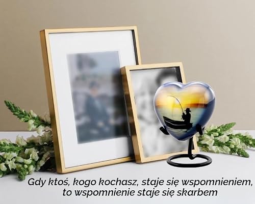 Wędkarska urna pamiątkowa z sercem – wędkarska urna kremacyjna na prochy – urna wędkarska – ręcznie wykonana urna wędkarska ze stojakiem, aksamitny futerał i torba (pamiątka w kształcie serca)
