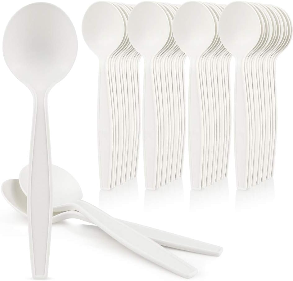HeloGreen Eco-Friendly Cornstarch 6" Disposable Soup Spoons: Heavyweight Heavy Duty Elegant Alternative To Plastic Spoons, Plasticware Utensils Cutlery for Party Supplies, Wedding - Ivory (100 Set)