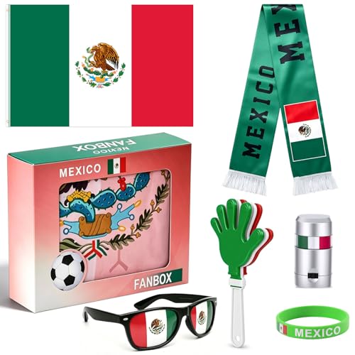 2026 World Cup Mexican Fan Kit, Patriotic Cheer Set with Mexico Flag, Sunglasses, Banner, Hand Clapper, Wristband & Face Paint, Reusable for Family Watch, Stadium, Bar, Parade & Holiday Party(Mexico)