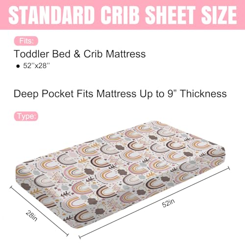 Image of Colorful Boho Rainbow Baby Crib Sheet 52''x28'' Cute Rainbow Mountain Trees Clouds Stars Fitted Crib Mattress Cover for Boy Girl Soft Bed Sheet for Standard Size Crib and Toddler Mattresses