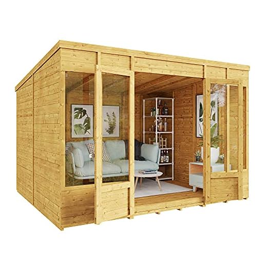 BillyOh Bella 10 x 8 Summer House Shed, Modern Pent Roof Log Cabin | Spray Treated - Garden Room with Wide Double Doors, Tongue and Groove Construction | Versatile Tiny Home or Garden Office