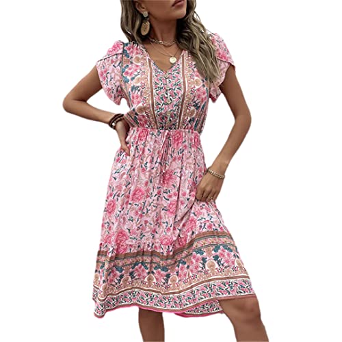 Robe midi bohème femme manches courtes imprimé floral rose