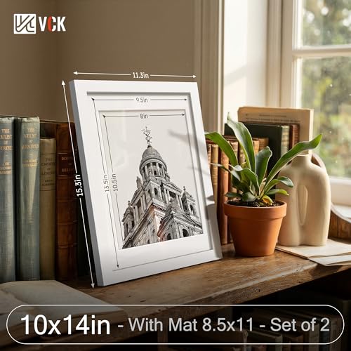 Image of VCK 10x14 Frame 2 Pack, White Wood, 8.5x11 Mat, Glass, for Picture Print