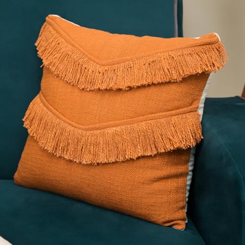 Image of Cotton Cushion Covers 18 inch x 18 inch | Boho Shaggy Square Decorative Cushion Cover for Bedroom | Hand Made Boho Throw Pillow Cover for Sofa (Set of 1, 18 * 18)