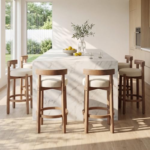 Image of LukeAlon Mid Century Linen Counter Stools Set of 6, Upholstered 26.5 inch Seat Height Low Barstools with Natural Wood Legs Round Low Back Kitchen Stools with Footrest for Dining Room, Beige