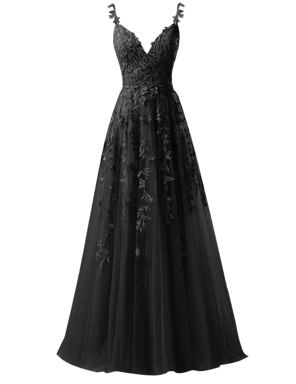 KURFACE Lace Applique Prom Dresses Black for Women A Line V Neck Long Homecoming Dresses for Teens Ball Gown UK8