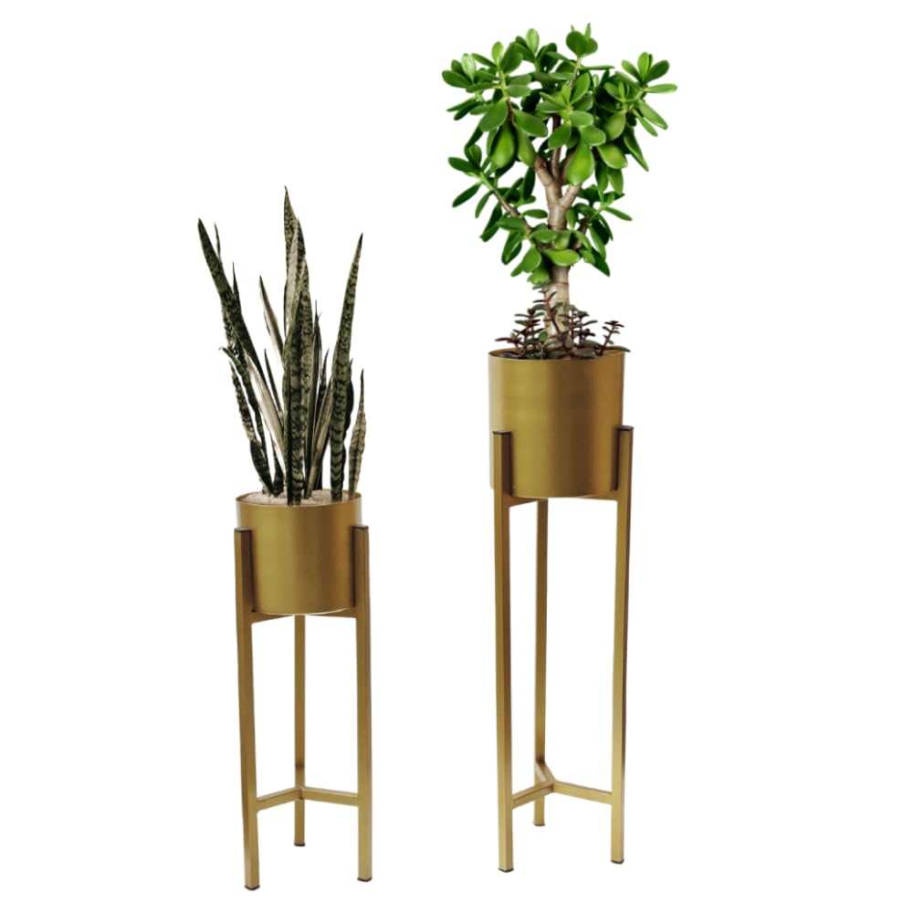 Trendi Gold Set of 2 Planter Pots with Metal Stands, Flower Pots Living Room Decor | Reversible Stand Plant Pot for Indoor/Outdoor Flower pot Plant Herb | Garden Container | Organizer decor