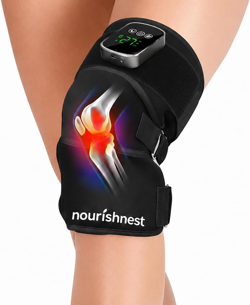 Cordless Knee Massager with Heat & Red Light Heated Knee Brace Pair with 5 Heat Levels, 3 Vibration Modes, 16800mm² Heating Area, Rechargeable Knee Support Wrap for Men & Women- Black