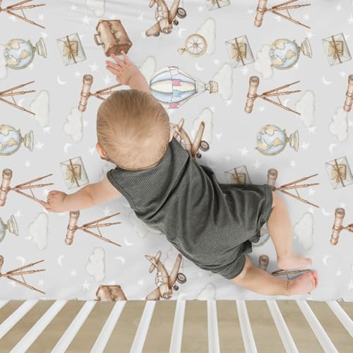 Image of Adventure Baby Crib Sheets for Boy Girl 28 inchx52 inch Travel Planes Compass Luggage Globe Explore Soft Snug Fitted Crib Mattress Covers Holiday Vacation Baby Sheet for Standard Crib & Toddler Bed Mattress