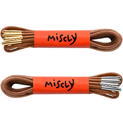 Miscly Waxed Thin Round Dress Shoelaces With Metal Tips [2 Pairs: 1 Pair With Gold Tips + 1 Pair With Silver Tips] (36" Brown)