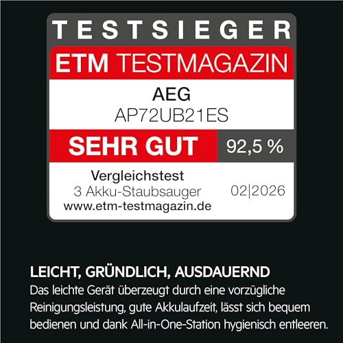 AEG Ultimate 7000 GEN2 Akku Staubsauger, Testsieger ETM Testmagazin Sehr Gut, Leistungsstark, Leicht, All in One Station-Hygienische Selbstentleerung, HEPA Filter, Alle Böden, Dunkelgrau, AP72UB21ES