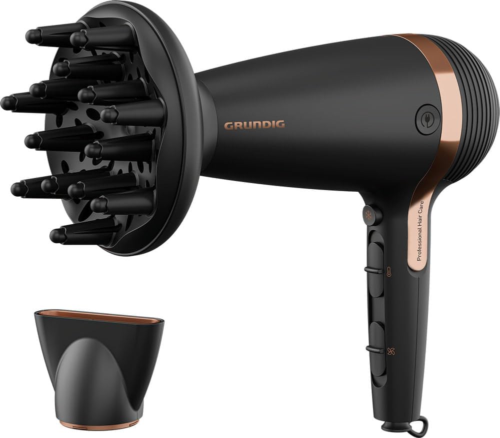 Grundig - Naturashine HD 7081 Haartrockner - 2100W mit Ionen-Funktion & Kabeleinzug - Keramik mit Macadamia- & Kokosöl - Cool Touch Düse - Schwarz/Rosa-Gold