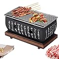 Hibachi Grill Japanese Tabletop Charcoal Grill Table Top Portable Charcoal Grill Barbecue Grill Portable Barbecue Stove with Wire Mesh Grill and Wooden Base for Home Party
