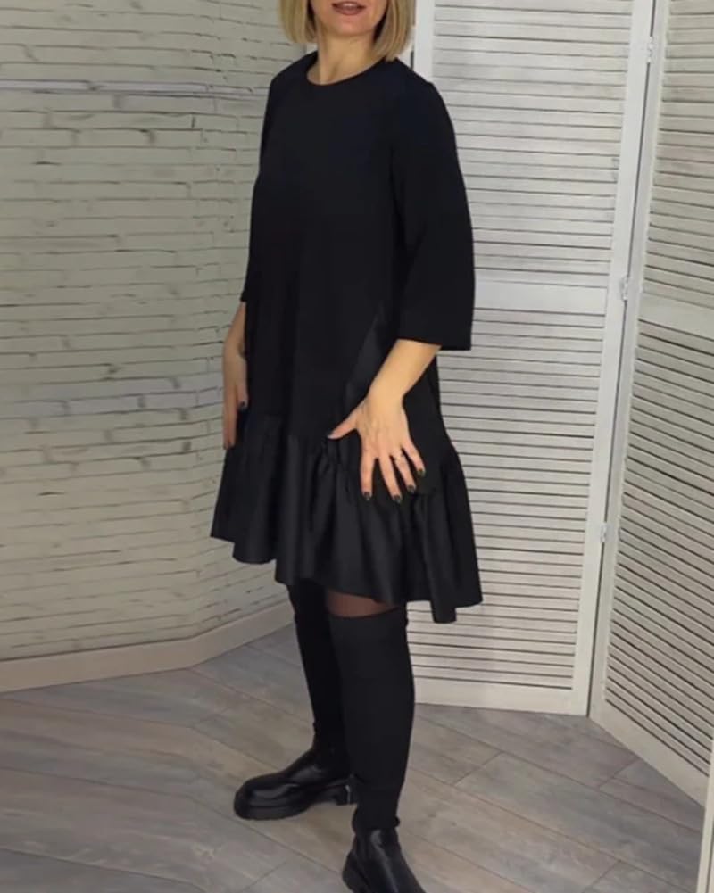Women's Solid Round Neck 3/4 Sleeve Ruffle Hem Midi Dress Fashionable Flowy Hem Dress for Office Commute, Parties & Casual Daily Styling (Black M)