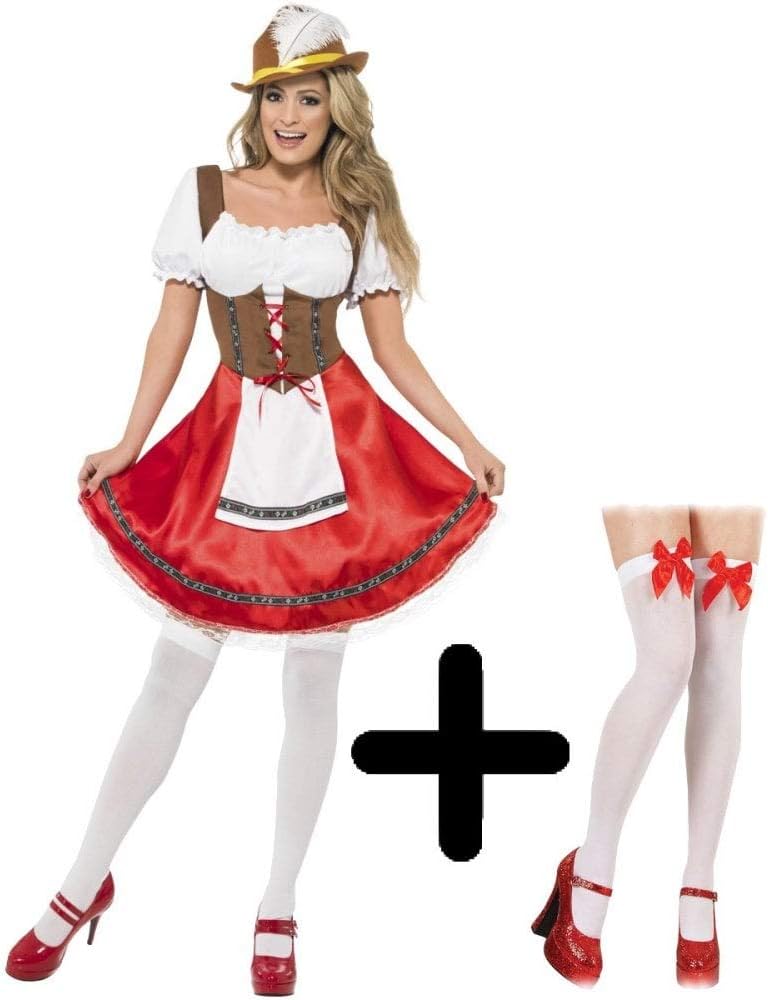 Adult Ladies Bavarian Wench COSTUME + STOCKINGS WITH BOWS Oktoberfest Fancy Dress Size: S (UK: 8-10)
