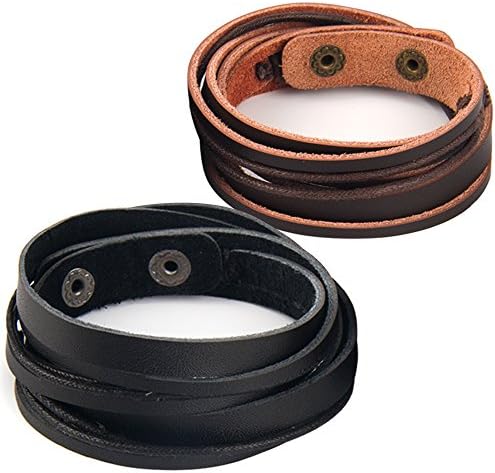 Chic Exquise Designs Handmade Genuine Vintage Leather Wrist Cuff Wrap Bracelet Adjustable (C: 2 Pcs Set (Brown and Black))