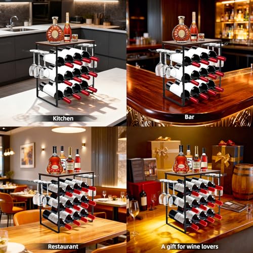 IDUNSEED Black 3-Tier Wavy Wine Rack for 12 Bottles, Freestanding Metal Wine Storage with Top Tabletop Shelf and Side Wine Glass Holder, Ideal for Bar Counter, Cabinet, Pantry and Small Spaces