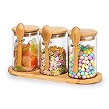 3-pack 18oz Airtight Glass Storage Canister with Wood Lid Spoon and Tray, Food Glass Jars ,Overnight Oats Containers with Lids,Decorative Kitchen Jars for Coffee Tea Sugar Spice,Salt Containers