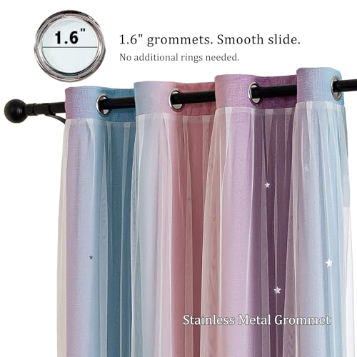Image of indistar Dreamy Star Cutout Blackout Curtains with White Sheer,Double Layer Curtains for Girls Bedroom, Hollow Out Drapes for Nursery (2 Panel,52Wx95L,Purple Pink Blue)