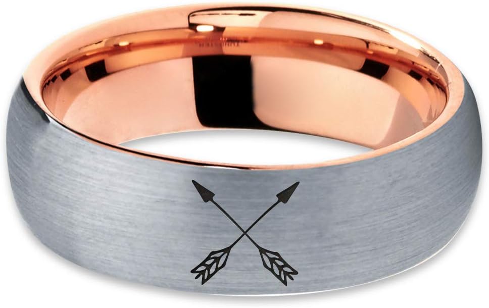 Archery Bow Arrows Crossed Ring - Tungsten Band 8mm - Men - Women - 18k Rose Gold Step Bevel Edge - Yellow - Grey - Blue - Black - Brushed - Polished - Wedding - Gift Dome Flat