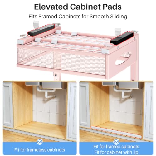 Image of Under Sink Organizer, 2 Tier Pull Out Under Cabinet Organizer Shelf with Pad for Framed Cabinets, Metal Slide Out Under Sink Storage, Mesh Sliding Drawers for Kitchen Bathroom Laundry(Pink, 1 Pack)