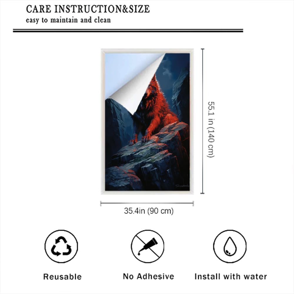 Modern Wolf Stained Glass Window Film Animal Mountain Moon Landscape Window Privacy Film Self-Adhesive Glass Film Decorative Sticker Frosted Film for Home Office 35.4Wx55.1L inch