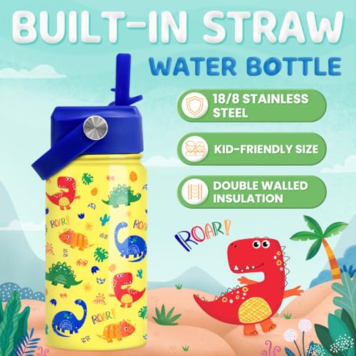 Image of Dinosaur Kids Water Bottle - 12 Oz Insulated Stainless Steel - Straw Lid for Toddlers & Kids - School & Sports Travel Cup