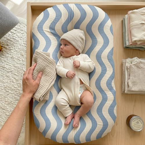 Image of guruixu Muslin Baby Lounger Cover 2 Pack, 100% Cotton Infant Lounger Cover, Soft & Breathable Replacement Slipcover, Compatible with Snuggle Me Newborn Lounger (Tradewinds,Tradewinds Wave)