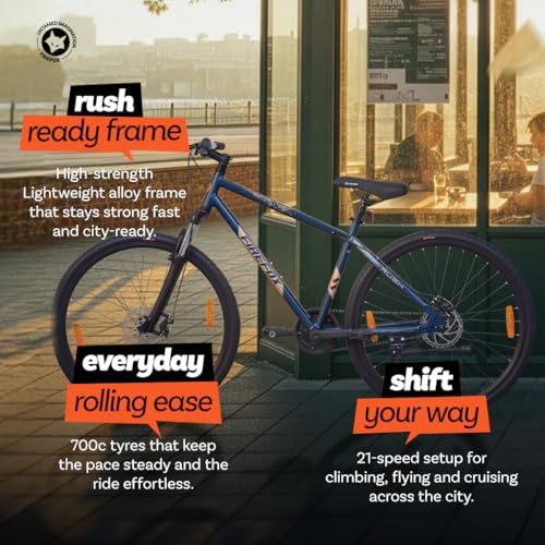 Image of FIREFOX Rush 700C Single Speed Hybrid Bicycle for Adult | Blue | Front Suspension | Disc Brake | Alloy Frame: 18 Inches | Ideal Rider Height:5.2 & Above | 98% Pre-Assembled | Ideal for Mens