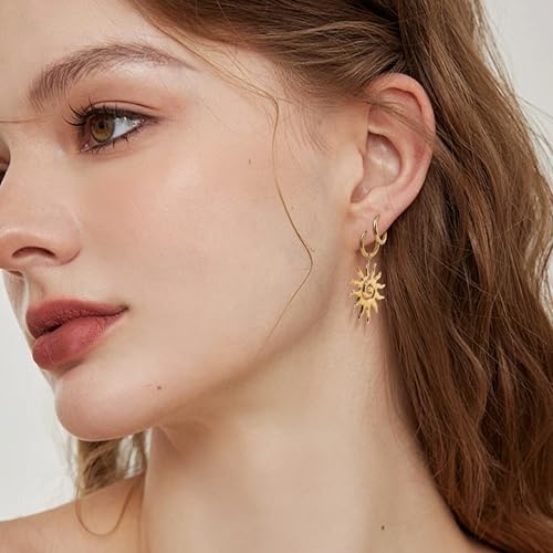 Chunky Gold Sun Leaf Huggie Dangle Hoop Earrings for Women, Trendy Lightweight Statement Hypoallergenic Prom Wedding Fashion Jewelry Gift2