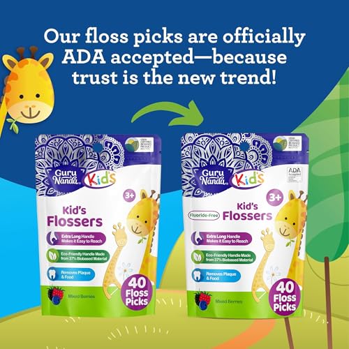 Image of GuruNanda Dental Floss Picks for Kids, Extra-Long Giraffe-Shaped Picks, Fluoride-Free, Anti-Slip & Shred-Resistant Design & Eco-Friendly Handle & Berry Flavor, Ideal for Ages 3+, 40 Count (Pack of 1)