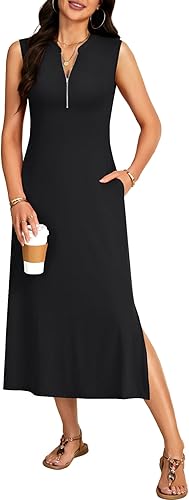 Vrtige Women's Casual Half Zip Sleeveless Maxi Dress Slit Hem Bodycon Long Dress