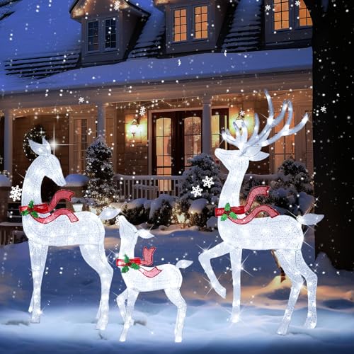 62Inch Reindeer Christmas Decoration Outdoor, 3-Piece Lighted Christmas Deer Family Set with 200 LED Cool White Lights for Yard Patio Lawn Garden Party - White