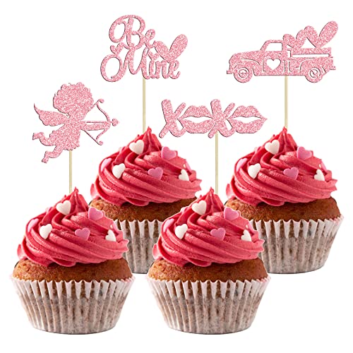 Gyufise 24Pcs Happy Valentine's Day Cupcake Toppers Pink Glitter Heart Love You Be Mine Cupcake Food Picks Valentine's Day Theme Wedding Bridal Shower Birthday Party Cake Decorations Supplies