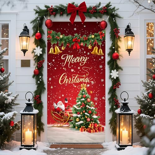 Christmas Door Cover Xmas Banner 70.8 x 35.4 inch Hanging Front Door Cover Christmas Decor Backdrop Santa Background for Home Winter Holiday Santa Claus