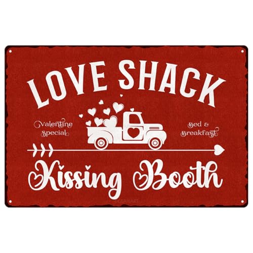 Image of Kissing Booth Tin Sign Love Shack Metal Signs Valentine's Day Wall Art Decoration Home Farmhouse Bar Kitchen Cafe Living Room Coffee Corner White Day Decor Romantic Gift 12" x 8"