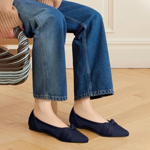 Image of TINGRISE Women's Flats Shoes Comfortable Dressy Pointed Toe Knit Washable Ballet Flat