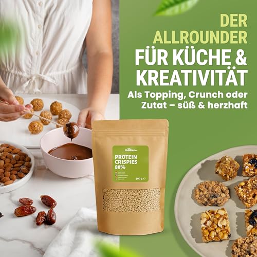 RheinNatur Soja Protein Crispies 88% Eiweiß 500g - vegane Eiweißquelle ohne Zuckerzusatz - knuspriges Topping für Müsli, Joghurt & Salate, für herzhafte Gerichte & selbstgemachte Riegel